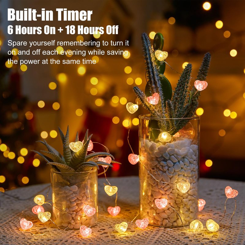 Valentine's Day Heart String Lights - 10.5 ft 30 LED Battery Operated Fairy String Lights withTimer and for Romantic Proposal Indoor DIY Bedroom Wedding Decor Gift (Pink White)