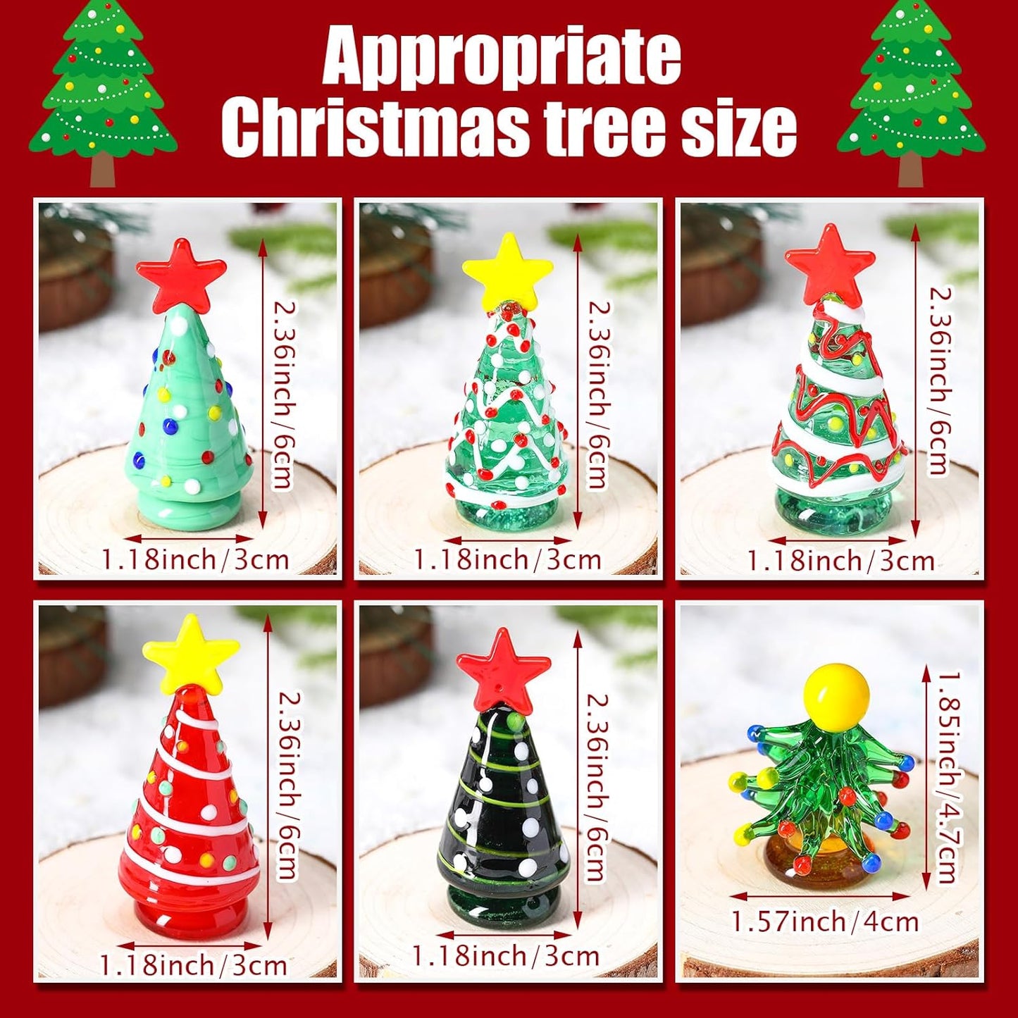 Skiennix Mini Christmas Tree Glass Ornaments Set - 6 Pcs Holiday Decor for Dollhouses | 2.36 Inch