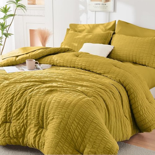 HYMOKEGE King Size Comforter Set - Mustard Yellow Seersucker 7-Piece Luxury Bedding Set