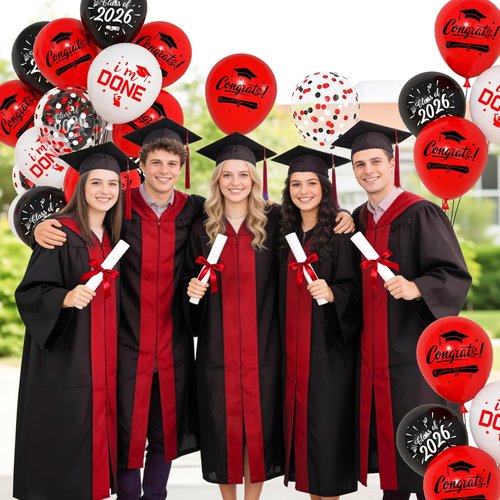 Graduation Balloons Set by [Brand Name] - 72pcs Red & Black Metallic Confetti Balloons for Class of 2026 Party Decorations