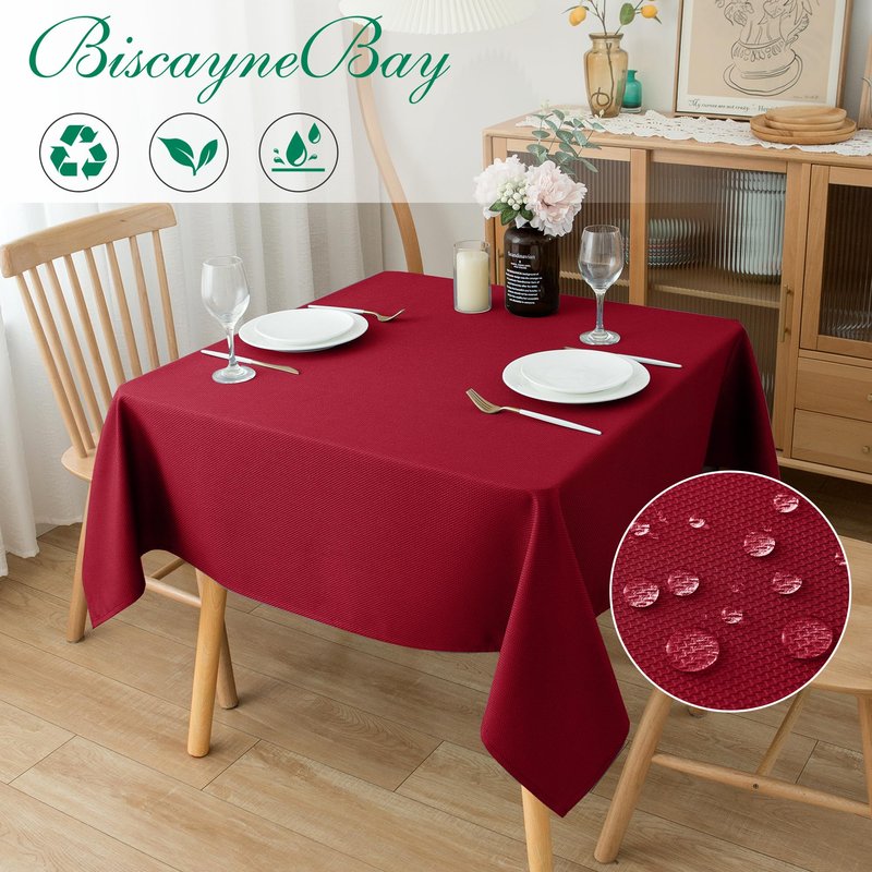 Biscaynebay Textured Fabric Christmas Square Tablecloths 54x54 Inches, Red Water Resistant Spill Proof Tablecloths for Dining, Kitchen, Wedding and Parties, Machine Washable