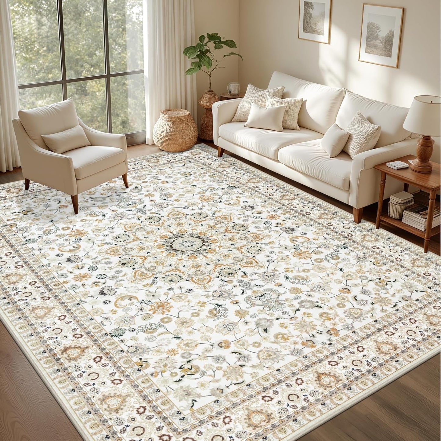 Skiennix 5x7 Area Rug - Washable Vintage Boho Design | Soft, Stain-Resistant Carpet for Living Room & Bedroom
