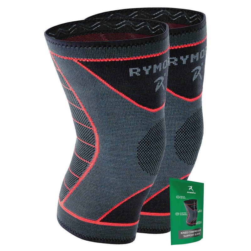 Rymora Knee Support Brace Compression Sleeves for Men and Women (Grey) (Pair) (Large) [L] - for Ligament Injury, Joint Pain Relief, Running, Arthritis, ACL, MCL, Sport