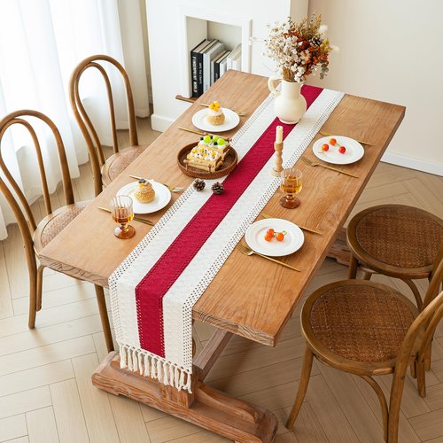 FEXIA Christmas Table Runner for Home Decor with Tassels 72 Inches Long Farmhouse Red Rustic Boho Table Runner Macrame Burlap Table Decoration for Living Room Bridal Shower(12x72 Inches)