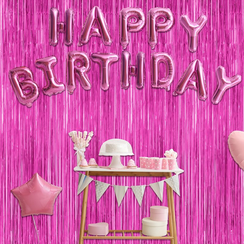 2 Pack Hot Pink Party Decorations, 3.28 FT x 7.05 FT Hot Pink Backdrop, Metallic Rose Red Photo Backdrop Foil Curtains Tinsel Backdrop, Metallic Pink Party Decor Wedding Party Supplies