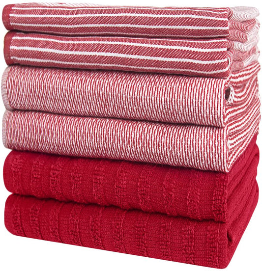 Premium Kitchen Towels (20”x 28”, 6 Pack) | Large Cotton Dish Towels | Flat & Terry Highly Absorbent Kitchen Linen Set with Hanging Loop | Red