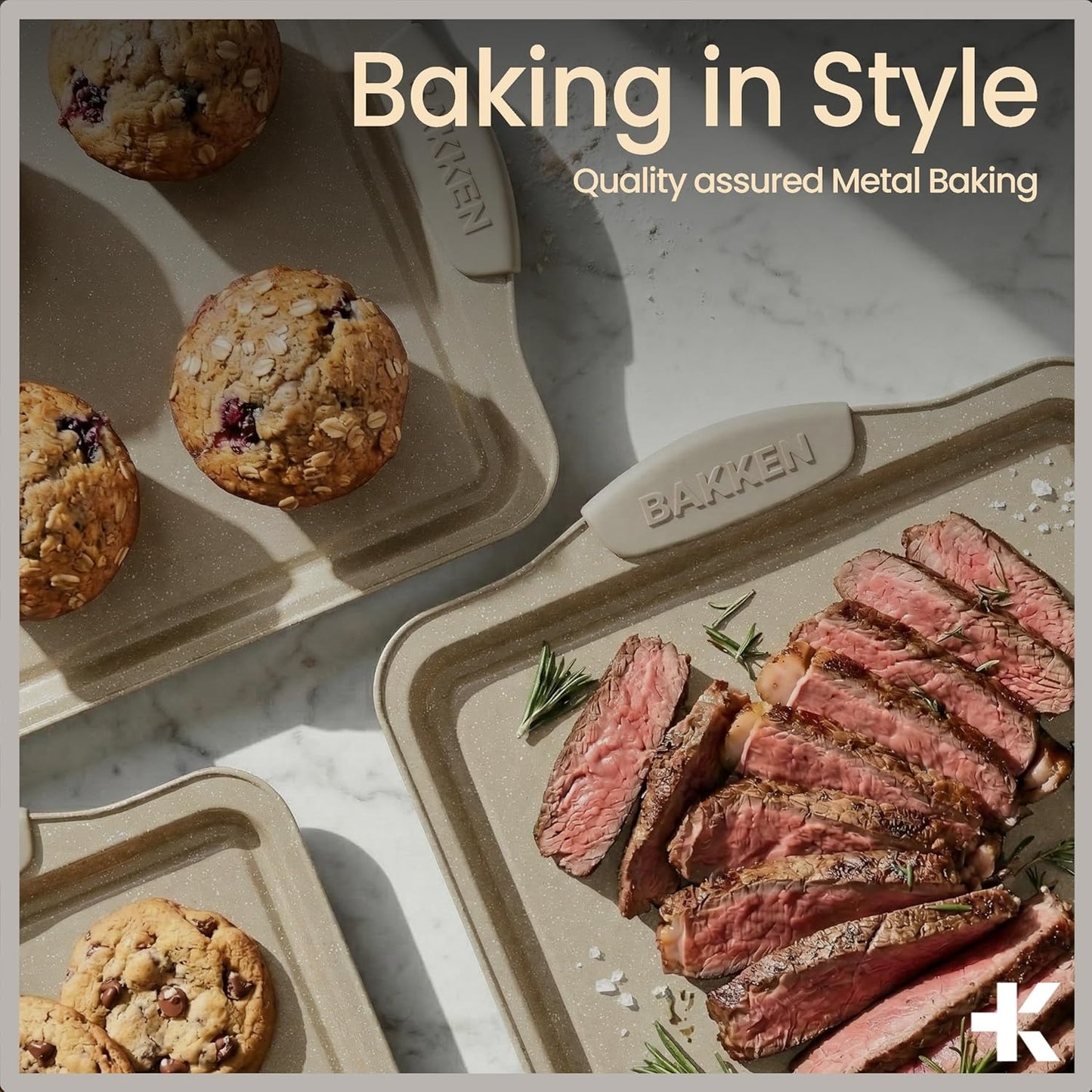 BAKKEN Nonstick Carbon Steel Baking Pans Set - Commercial Quality with White Silicone Handles | 10-Piece Oven Safe (450°F)