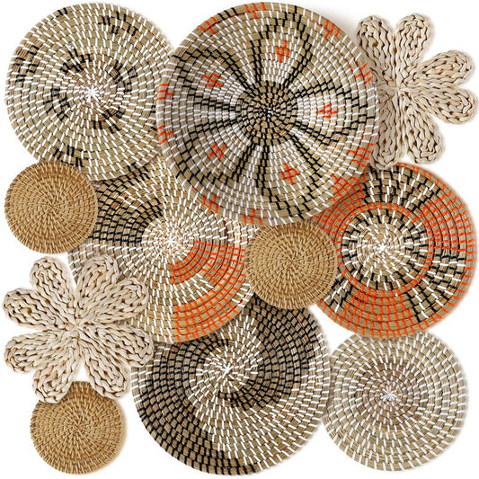 11 Pcs Boho Hanging Wall Basket Decor Handmade Woven Basket Wall Decorative Boho Wicker Baskets Placemats Round Farmhouse Bulrush Art for Rustic Home Decorations Christmas Gift(Cute)