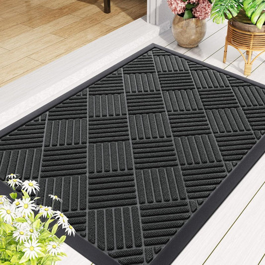 Smiry Front Door Mat Outside Entrance, Heavy Duty Outdoor Indoor Natural Rubber Doormat, Non Slip, Trap Dirt and Moisture, Easy Clean, Low Profile Patio Porch Entryway Mat, 29.5x17, Black
