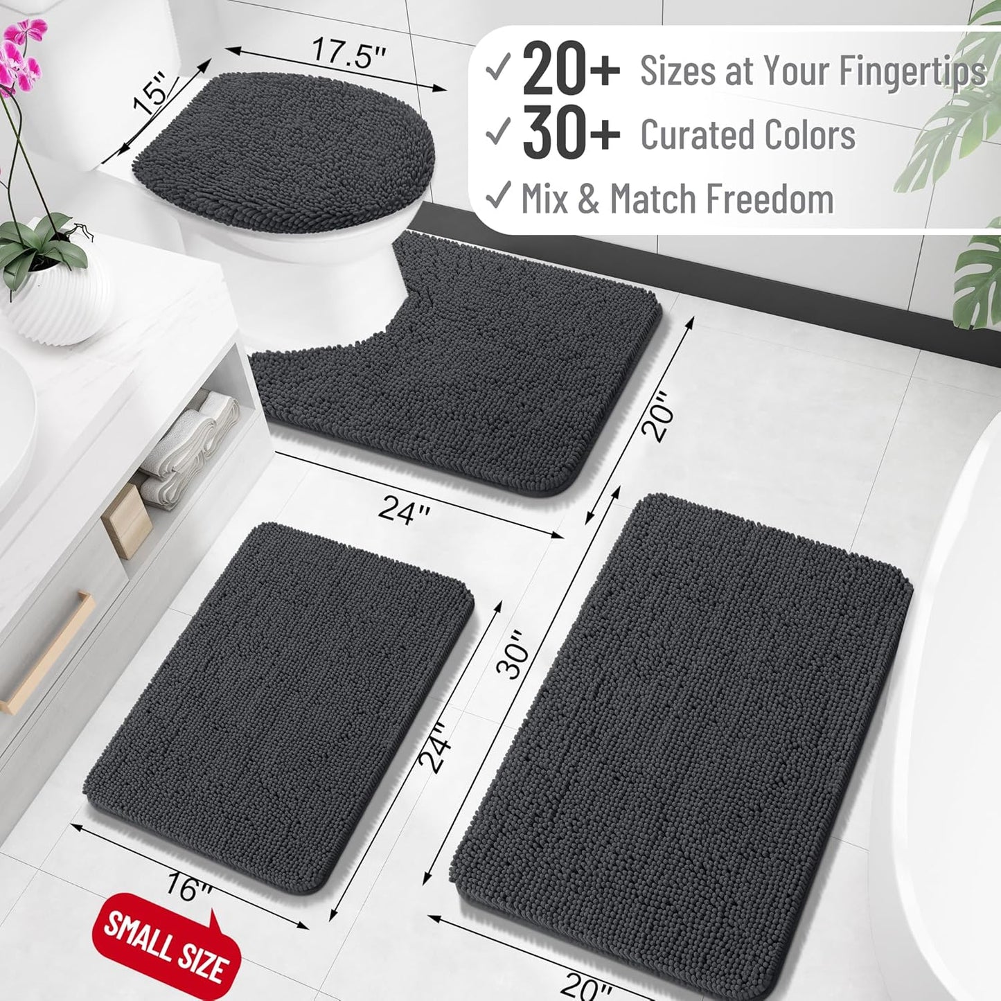 OLANLY U-Shaped Toilet Rugs - Extra Soft, Absorbent Chenille | 24x20, Dark Grey, Non-Slip & Machine Washable
