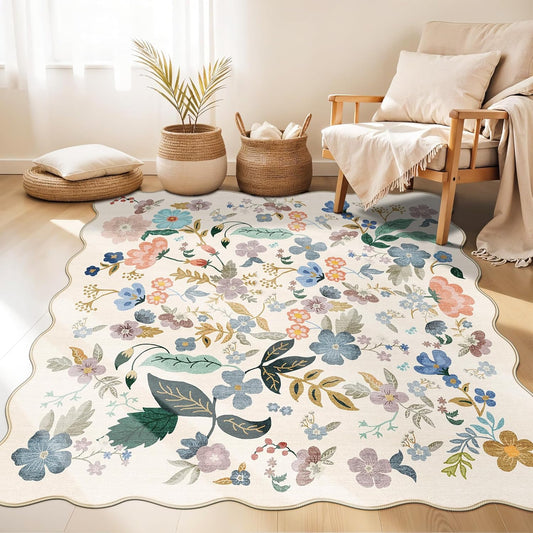 Skiennix Floral Square Area Rug - Washable 5x5 Soft Carpet with Non-Slip Backing | Cream for Living Room & Bedroom