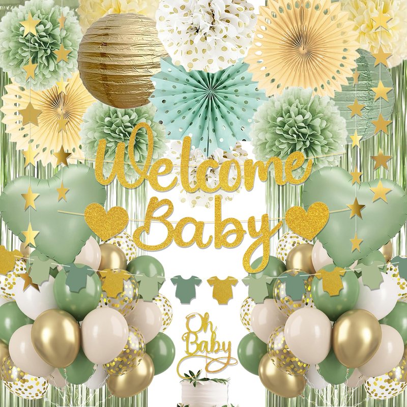 Sage Green Baby Shower Decorations - Gender Neutral Baby Shower Decor Set with Welcome Baby Banner, Tissue Pom Poms, Paper Lanterns, Flower Fans, Balloons, "Oh Baby" Cake Topper & Star Garland