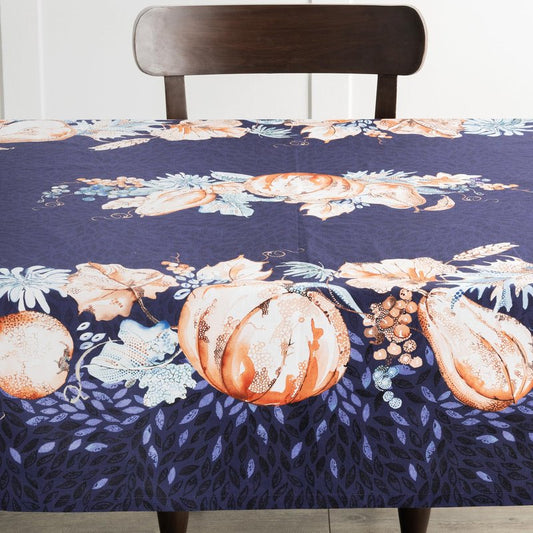 Maison d' Hermine Table Cloth Rectangle Table 100% Cotton 60 x 120 Inches Fall Tablecloth Reusable Everyday Use for Thanksgiving Christmas Decorations Dining Farmhouse Party (Pumpkin Blues)