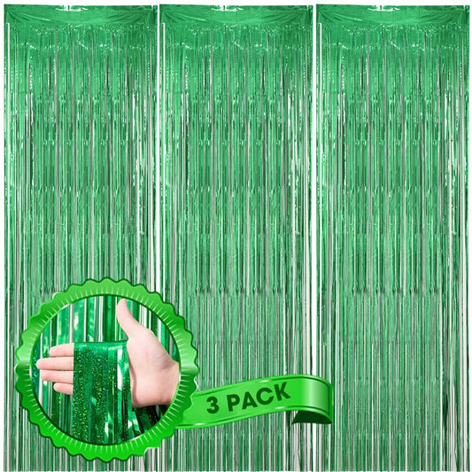 Voircoloria 3 Pack 3.3 x 8.2 ft Laser Green Foil Fringe Backdrop Curtains, Tinsel Streamers Birthday Party Decorations, Fringe Backdrop for Graduation, Baby Shower, Gender Reveal, Disco Party