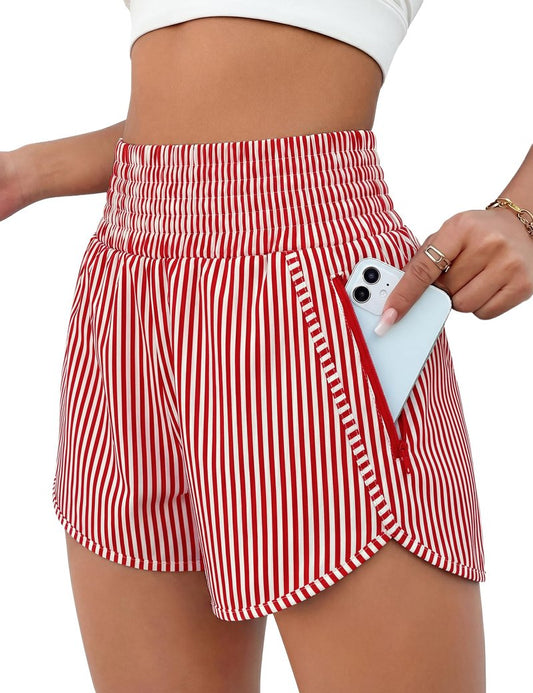 BMJL Women's Athletic Shorts High Waisted Running Short Pocket 2.5" Sporty Shorts Gym Elastic Workout Shorts(L,Red Striped)