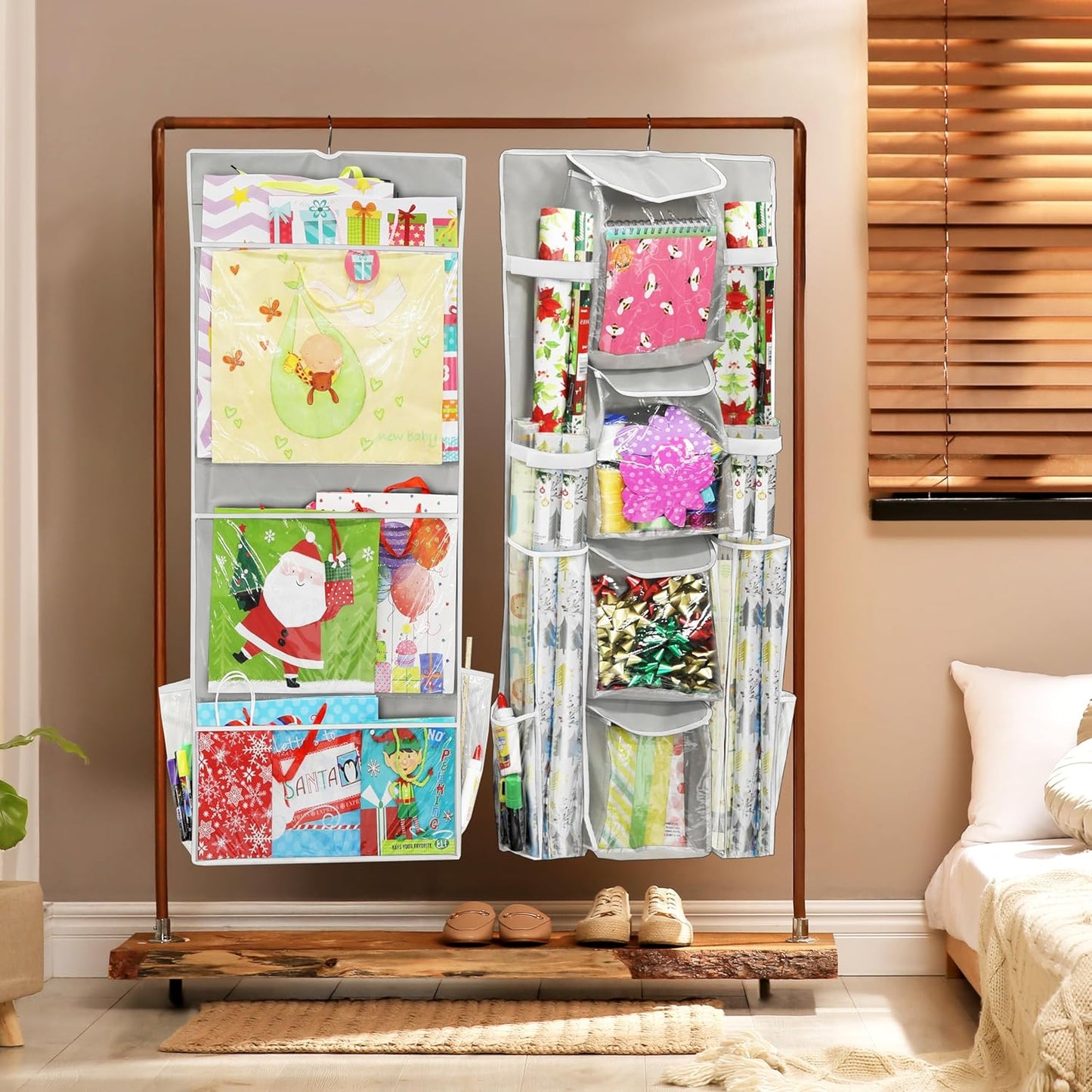 Simple Houseware Gift Wrap Organizer - Double-Sided Storage Pockets in Gray | Set of 1