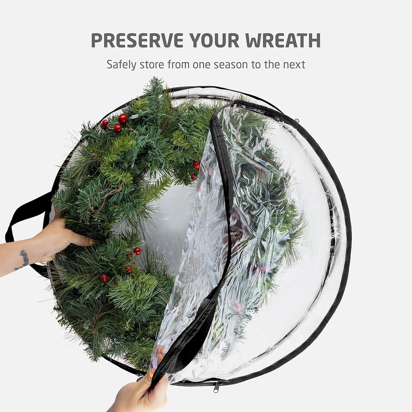 ZOBER Christmas Wreath Storage Container - 30 Inch Dual Zippered Bag with Reinforced Handles - Black | 2 Pack