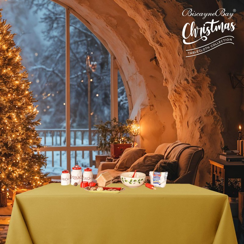 Biscaynebay Textured Fabric Rectangle Christmas Tablecloths 70x108 Inch, Gold Water Resistant Tablecloths for Dining, Kitchen, Wedding, Parties etc. Machine Washable