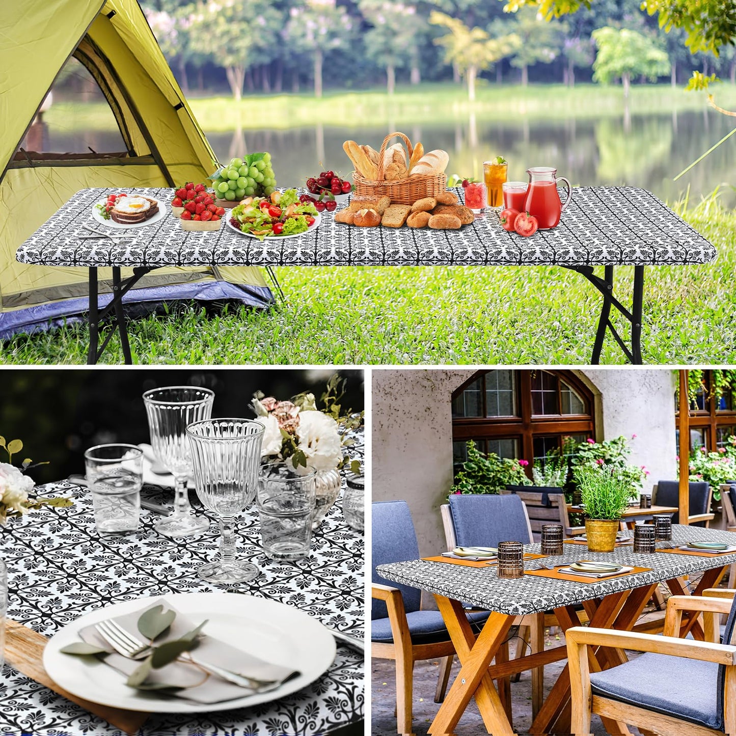 misaya Sqaure Vinyl Table Cloth, Elastic Fitted Flannel Backed Tablecloth, 100% Waterproof Plastic Table Cover Fits Folding Tables for Picnic, Camping, Outdoor (Black, 34" x 34")