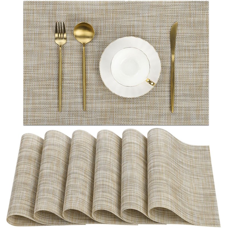 SHACOS Placemats Set of 6 Woven Vinyl Place Mats Wipeable Heat Resistant Stain Resistant Table Mats Indoor Outdoor, Beige