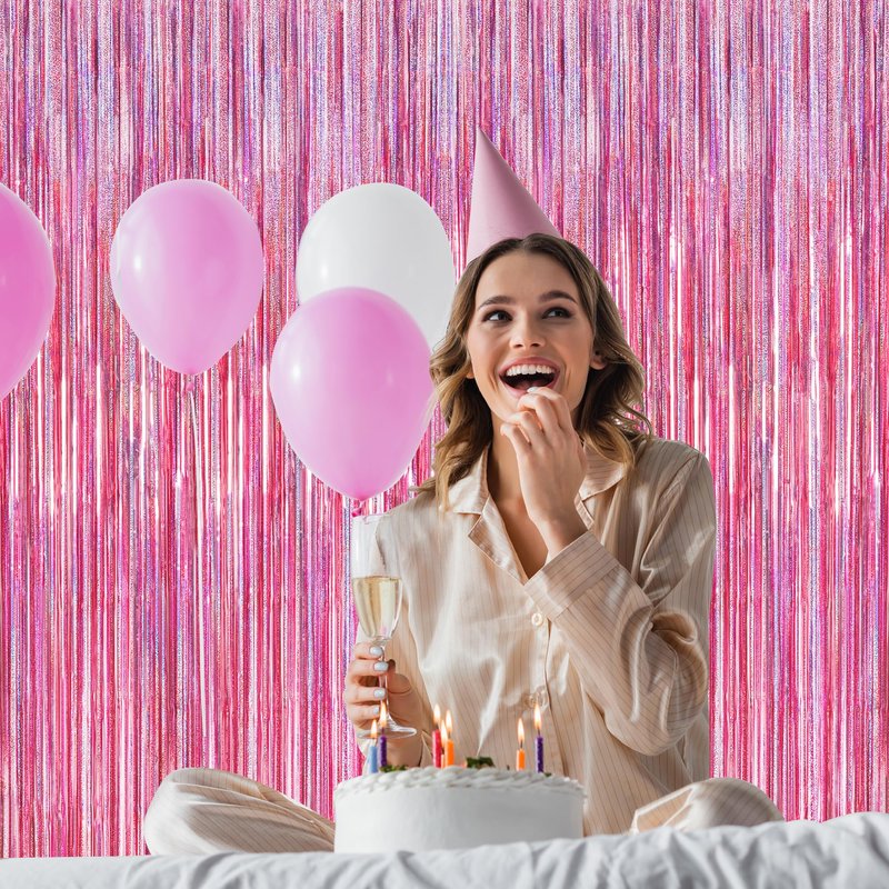 8 Pack Pink Backdrop, 3.28 FT x 7.05 FT Fringe Curtains, Metallic Glitter Pink Fringe Party Streamer Foil Curtains Tinsel Backdrop, Pink Decorations Bachelorette Valentines Day Party Supplies