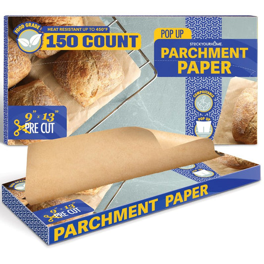 Stock Your Home 150 Ct Unbleached Parchment Paper Sheets, Pop Up Parchment Paper Sheets for Baking, Air fryer Sheets & Oven Liners FOr cookies, Bread, meat, Pizza (9x13”)