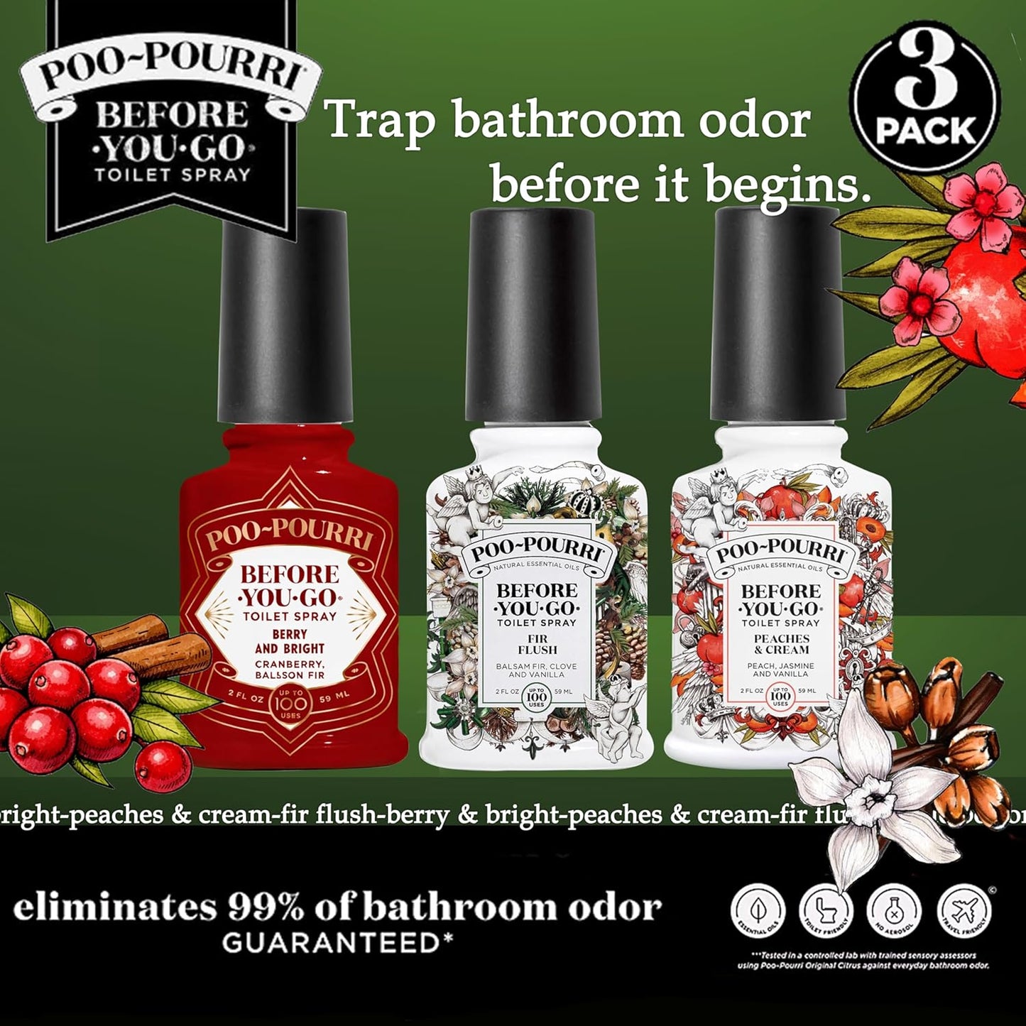 Poo-Pourri Toilet Spray Variety Pack - Spring Scents: Berry & Bright, Peaches & Cream, 2 Oz