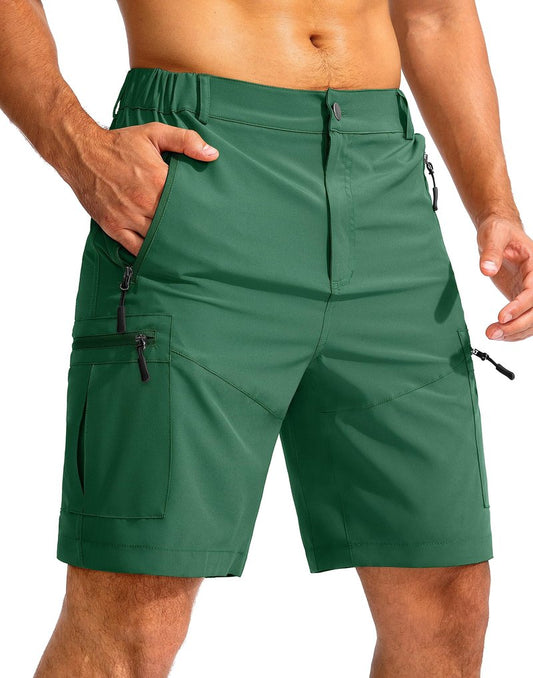 Pudolla Men's Hiking Cargo Shorts 9" Lightweight Outdoor Work Shorts for Men Travel Golf Camping Casual with 5 Zipper Pockets(Green 3X-Large)
