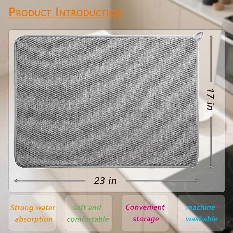 XXL Microfiber Dish Drying Mat, 23"X17" Ultra Absorbent Kitchen Counter Mat, Kitchen Drying Mat,Grey