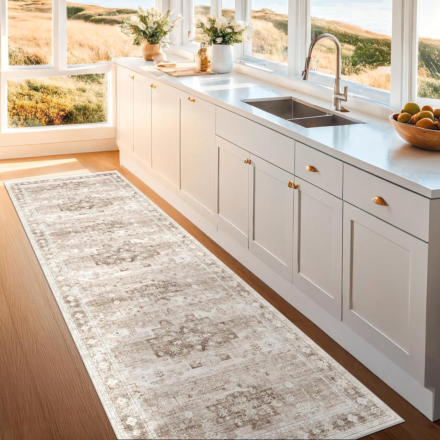 Regine Switzerland Beige Washable Runner Rug - Extra Long 2'6"x10' | Non-Slip, Stain Resistant, Boho Floral Decor