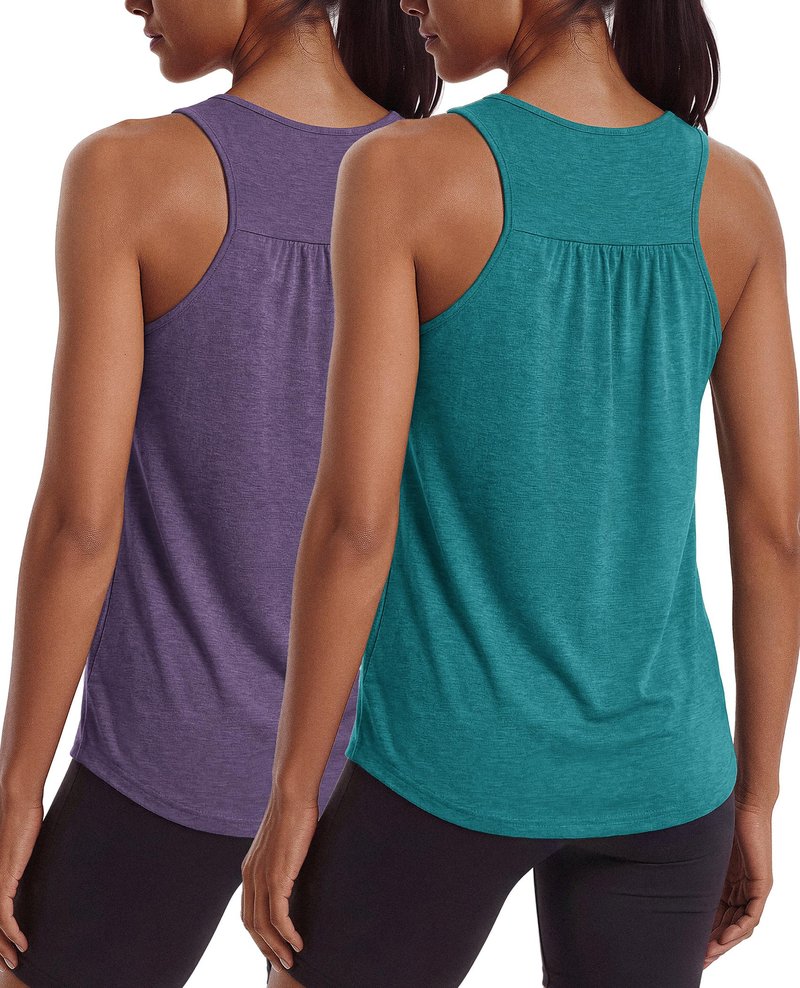 PINSPARK Womens Workout Tops Loose Fit Athletic Running Top Moisture Wicking Racer Back Tennis Tank Flowy Summer Exercise Shirts,Purple/Green Jade XL