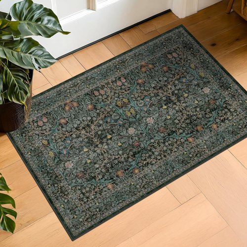 Dark Green Washable Entry Rug - Non-Slip Vintage Floral Throw Rug for Indoor Use | 2x3 Size