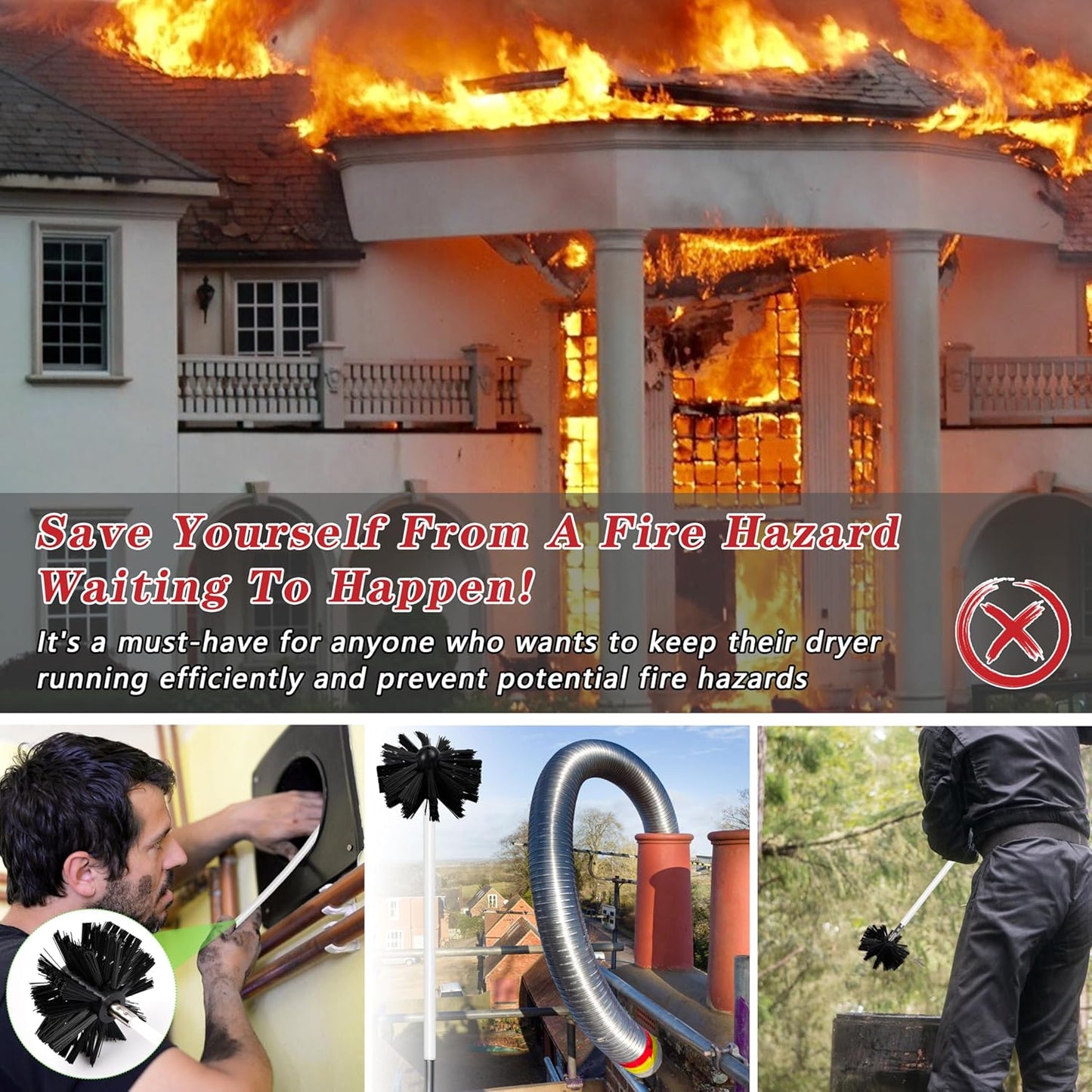 Skiennix Chimney Sweep Kit - 16FT Dryer Vent Cleaner with 12 Flexible Rods & 2 Chimney Brushes