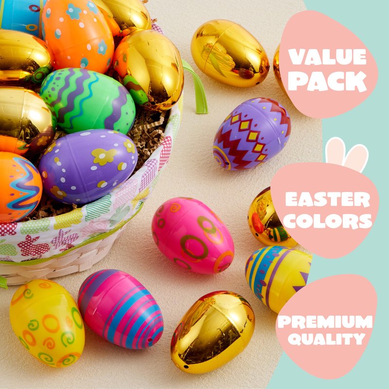 JOYIN 36 Pcs 3.15" Colorful Printed Eggs Include 8 Golden, Plastic Fillable Empty Eggs for Easter Hunt, Basket Stuffer Filler, Classroom Prize, Party Favors