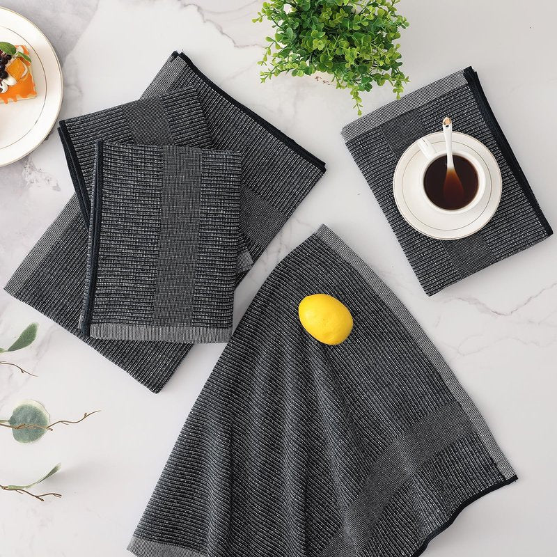Mordimy Premium Kitchen Towels 6 Pack (18 x 28 Inches, Black), Large Cotton Kitchen Hand Towel, Flat & Terry Dish Towels for Drying Dishes, Super Absorbent Tea Dishtowels Set with Hanging Loop