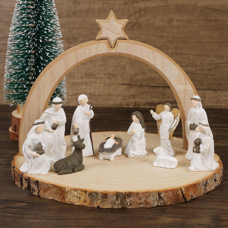 Treewoll 11 Pcs Christmas Scene Nativity Set, Holy Family Scene with Wooden Arched Stable and Resin Figurines Including Baby Jesus, Mary, Joseph and More, Religious Collections for Home Tabletop Decor