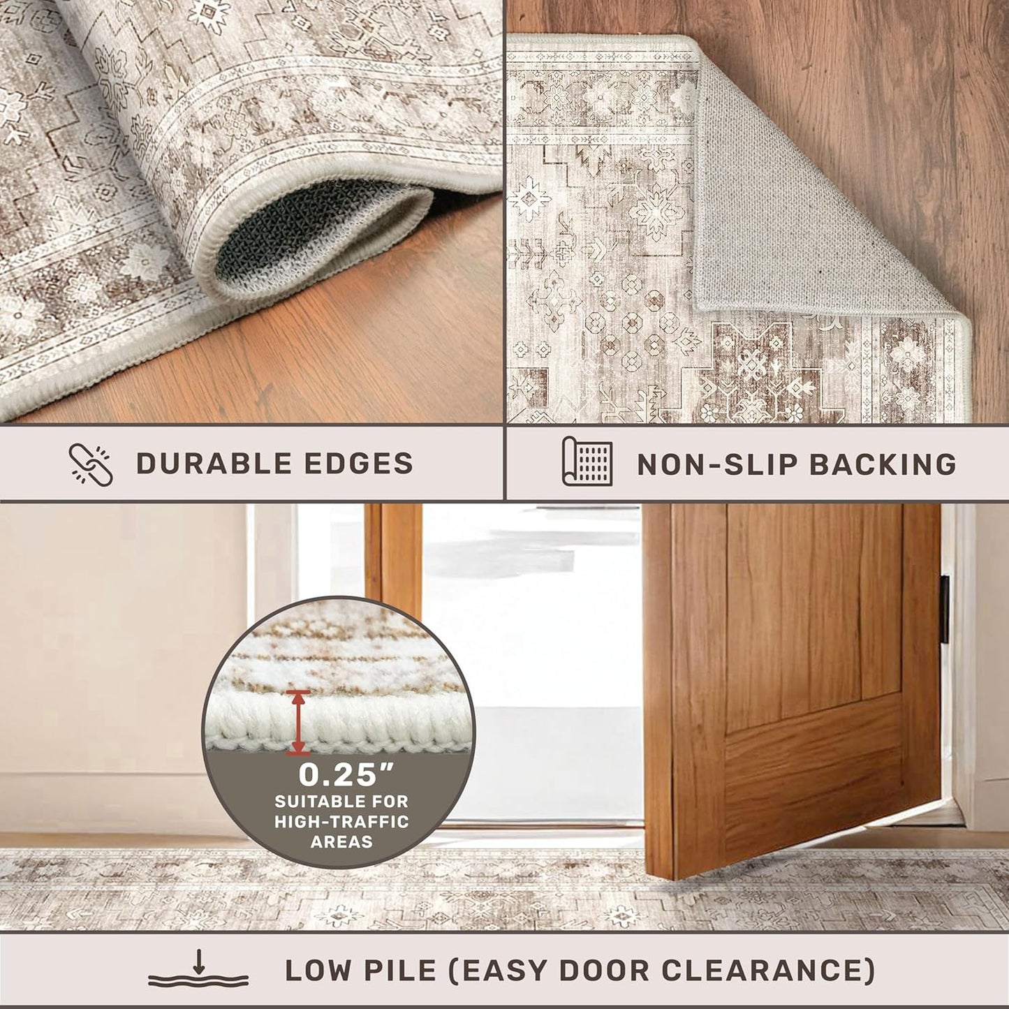 Regine Switzerland Beige Washable Runner Rug - Extra Long 2'6"x10' | Non-Slip, Stain Resistant, Boho Floral Decor