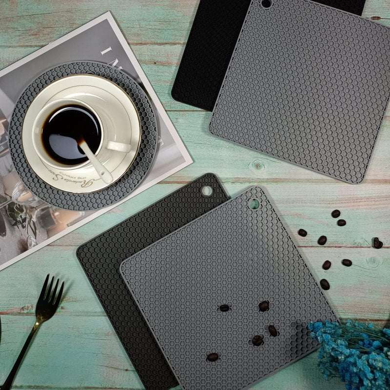 Hotsyang Silicone Trivets Mats Set, Hot Pads and Trivets for Hot Dishes, Pots and Pans, Black Silicone Hot Pads for Kitchen Table, Square Trivet Mat Set of 4