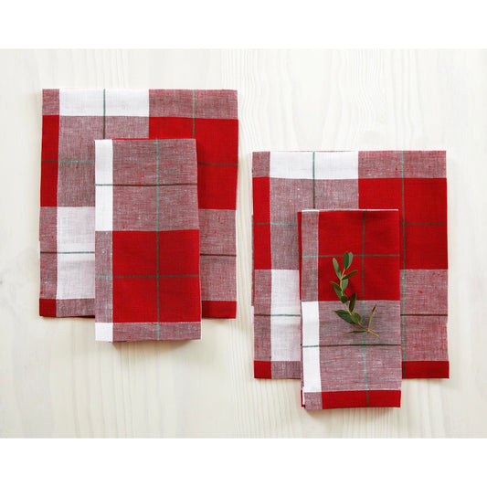 Solino Home Plaid Napkins Set of 4-100% Pure Linen Red and White Very Merry Tartan Plaid Dinner Napkins Cloth 18 x 18 Inch - Handcrafted and Machine Washable