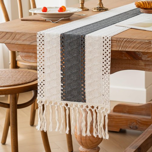 FEXIA Boho Table Runner for Home Decor with Tassels 60 Inches Long,Grey Farmhouse Rustic Table Runner Macrame Burlap Table Decoration for Living Room Bridal Shower(12x60 Inches)