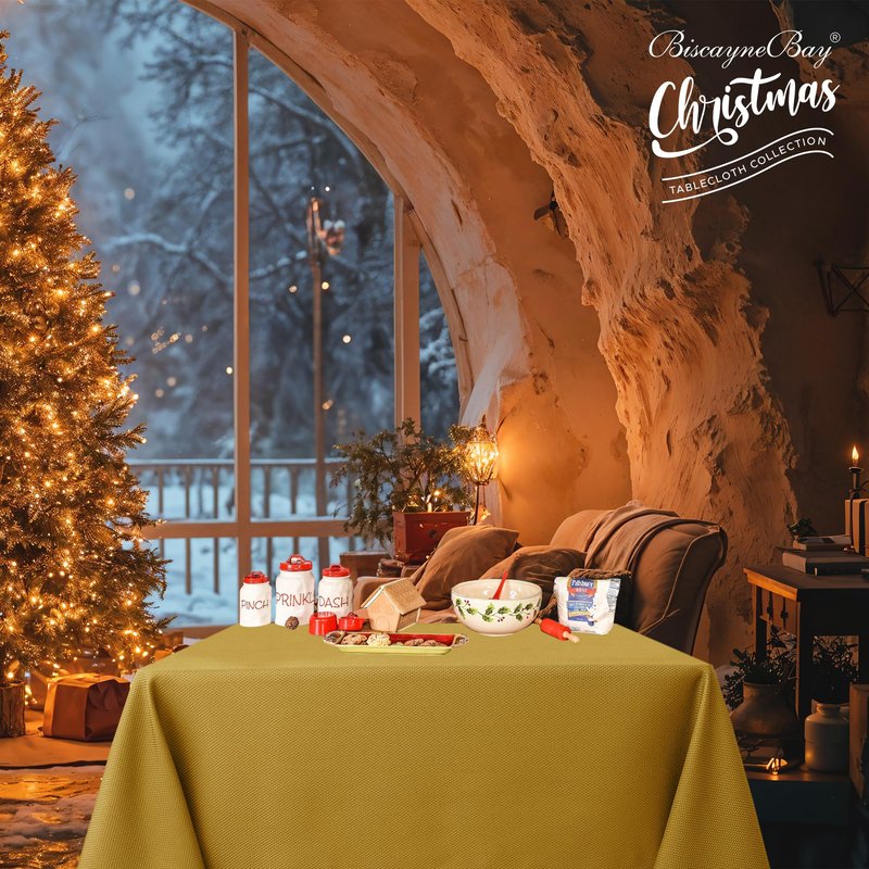 Biscaynebay Textured Fabric Christmas Square Table Cloth 90x90 Inches, Gold Water Resistant Tablecloths for Dining, Kitchen, Wedding and Parties etc. Machine Washable