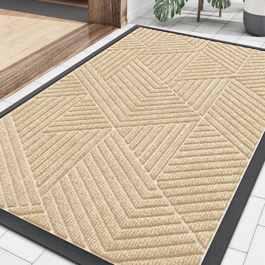 Smiry Heavy-Duty Natural Rubber Front Door Mat - Irregular Triangle Design | Easy Clean, 29.5x17 Inches, Beige