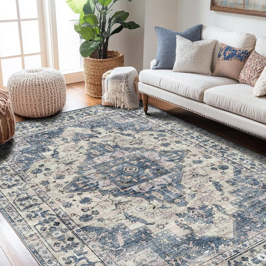 Area Rug for Living Room 5x7,Large Machine Washable Vintage Oriental Soft Carpet, Low Pile Thin Floor Area Rugs with Non Slip Backing for Office Door Mat Kitchen Bathroom Indoor Dorm Dining Room