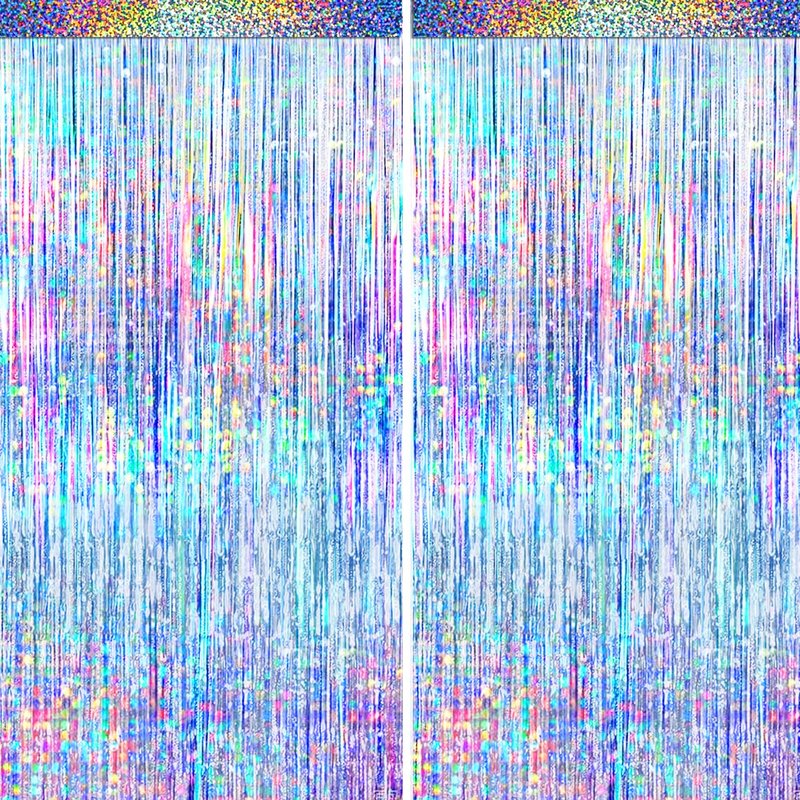 4 Packs Silver Foil Fringe Curtain, Silver Glitter Metallic Tinsel Backdrop for Birthday, Wedding, Baby Shower, Bachelorette, 70s 80s 90s Theme Disco Party, Iridescent Party Decorations Supplies