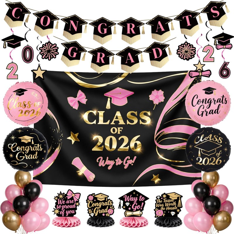 PartyWoo Graduation Decorations Class of 2026 Black Pink Gold 40pcs Grad Party Supplies with Congrats Grad Black Backdrop Banner Hanging Swirls Foil Latex Balloons Graduation Cap Centerpieces Party