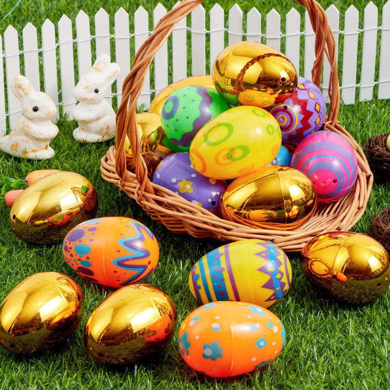 JOYIN 36 Pcs 3.15" Colorful Printed Eggs Include 8 Golden, Plastic Fillable Empty Eggs for Easter Hunt, Basket Stuffer Filler, Classroom Prize, Party Favors
