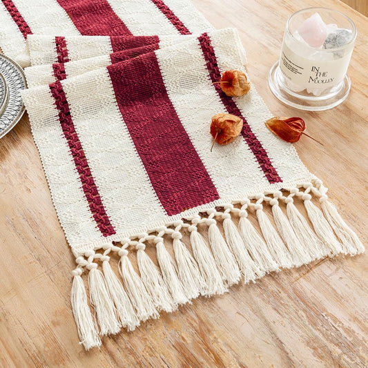 Fancy Homi Burgundy Table Runner 72 Inches Long Boho Macrame Christmas Table Runner for Home Decor, Farmhouse Table Runners with Tassels for Party Rustic Bridal Shower Dining Decor 12x72 Inches