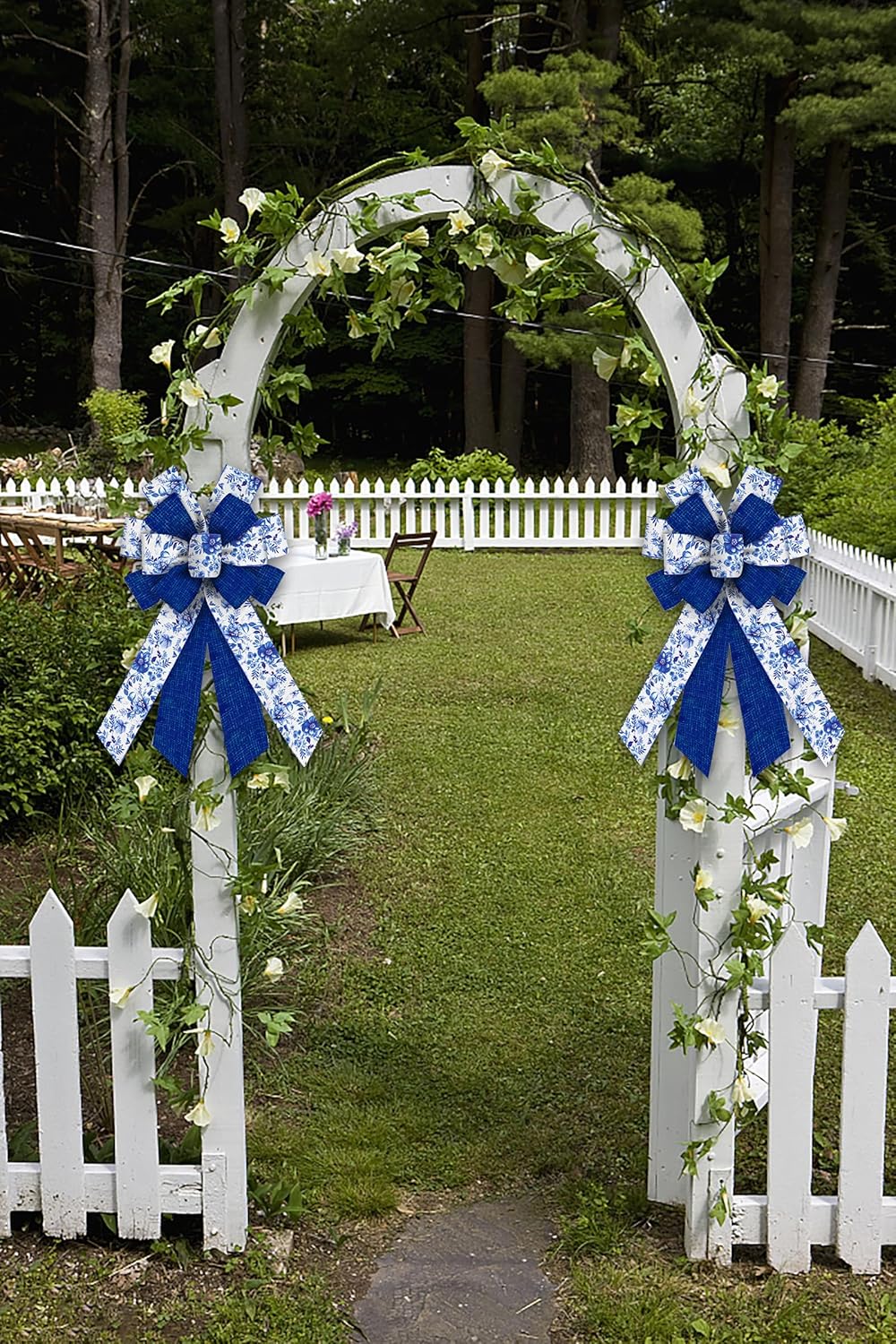 Skiennix Large Spring Bows - Blue Linen Flower Burlap Ribbon for Wreaths & Decorations