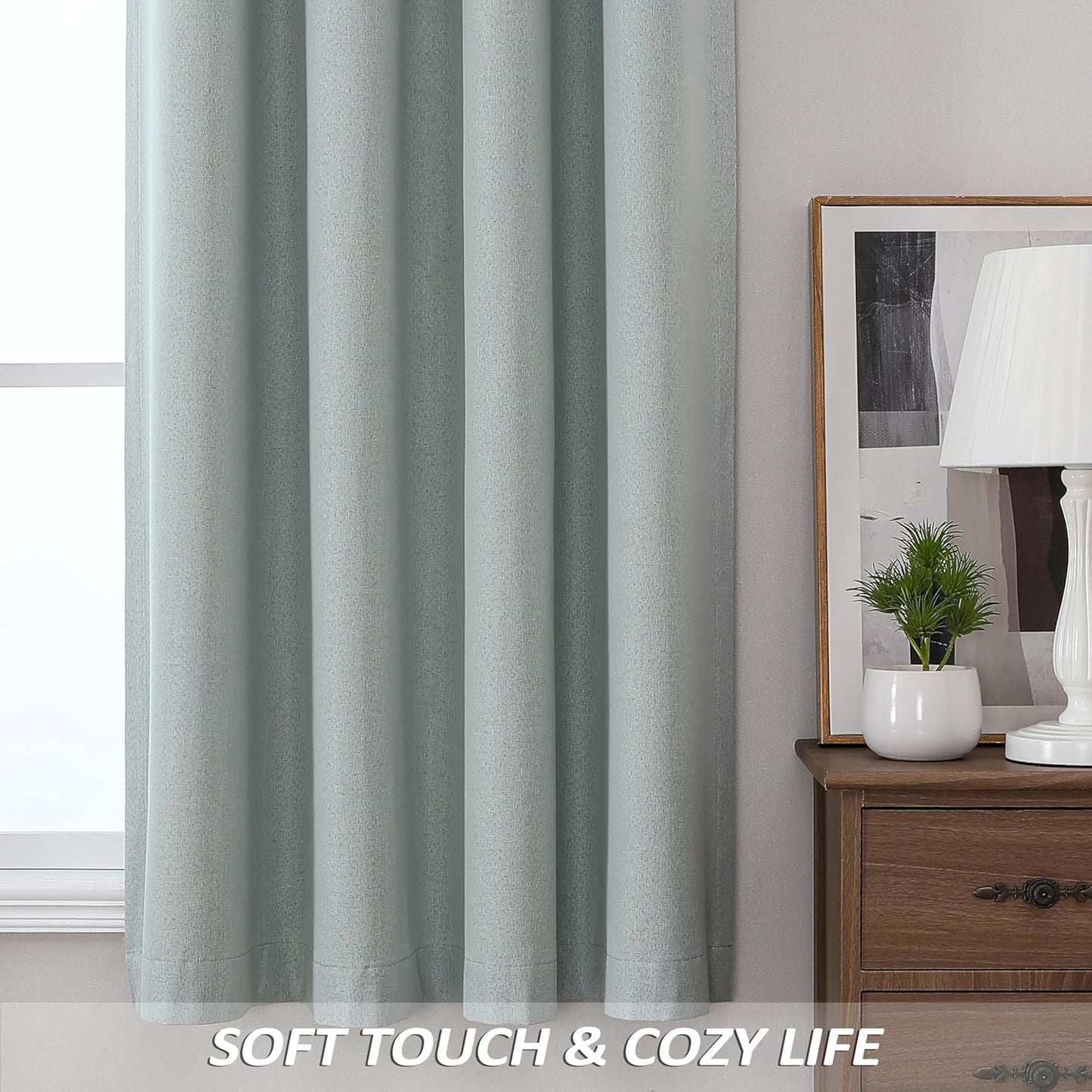THOOO 100% Blackout Curtains - Natural Linen Textured Grommet Panels | 63 Inch Length, Sage Green for Bedroom & Nursery