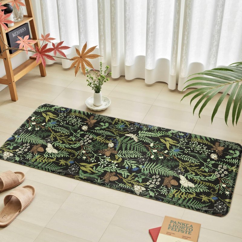 Black Green Botanical Kitchen Rugs Set of 2 Plant Leaf Anti-Fatigue Kitchen Mat Natural Comfort Standing Waterproof PVC Mats 2/5" Thick Leather Carpet for Laundry Office Sink(17.3" x28" + 17.3" x 47")